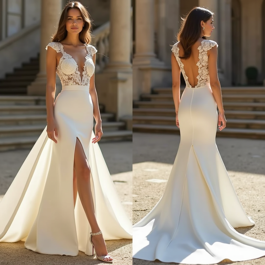 Mermaid wedding dress with lace bodice, plunge neckline, high slit, and cap sleeves – designed for an elegant and confident bride. | فستان زفاف راقٍ من فئة حورية البحر بتصميم رومانسي وشق أمامي | Vestido de novia sirena con encaje y abertura elegante | Robe de mariée sirène avec dentelle et fente.