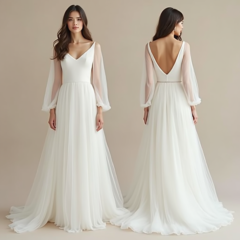  Romantic A-line wedding dress with sheer chiffon sleeves, soft V-neck, and open-back design—perfect for a modern and timeless bridal look.