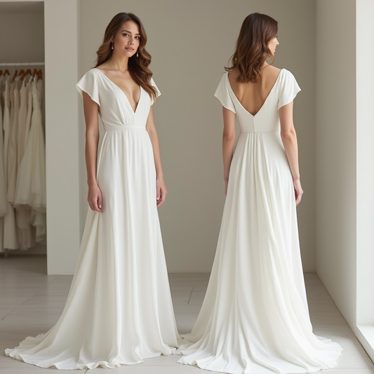 Romantic A-line wedding dress with deep V-neck, flutter sleeves, and an open back for a timeless bridal look.