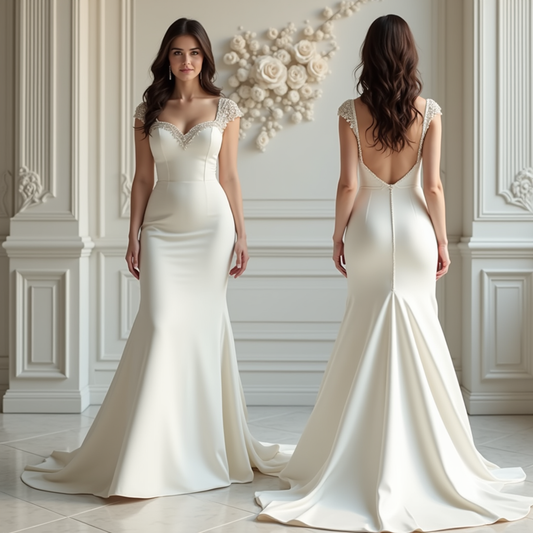 Timeless satin mermaid wedding dress with beaded cap sleeves, sweetheart neckline, and V-back button detail