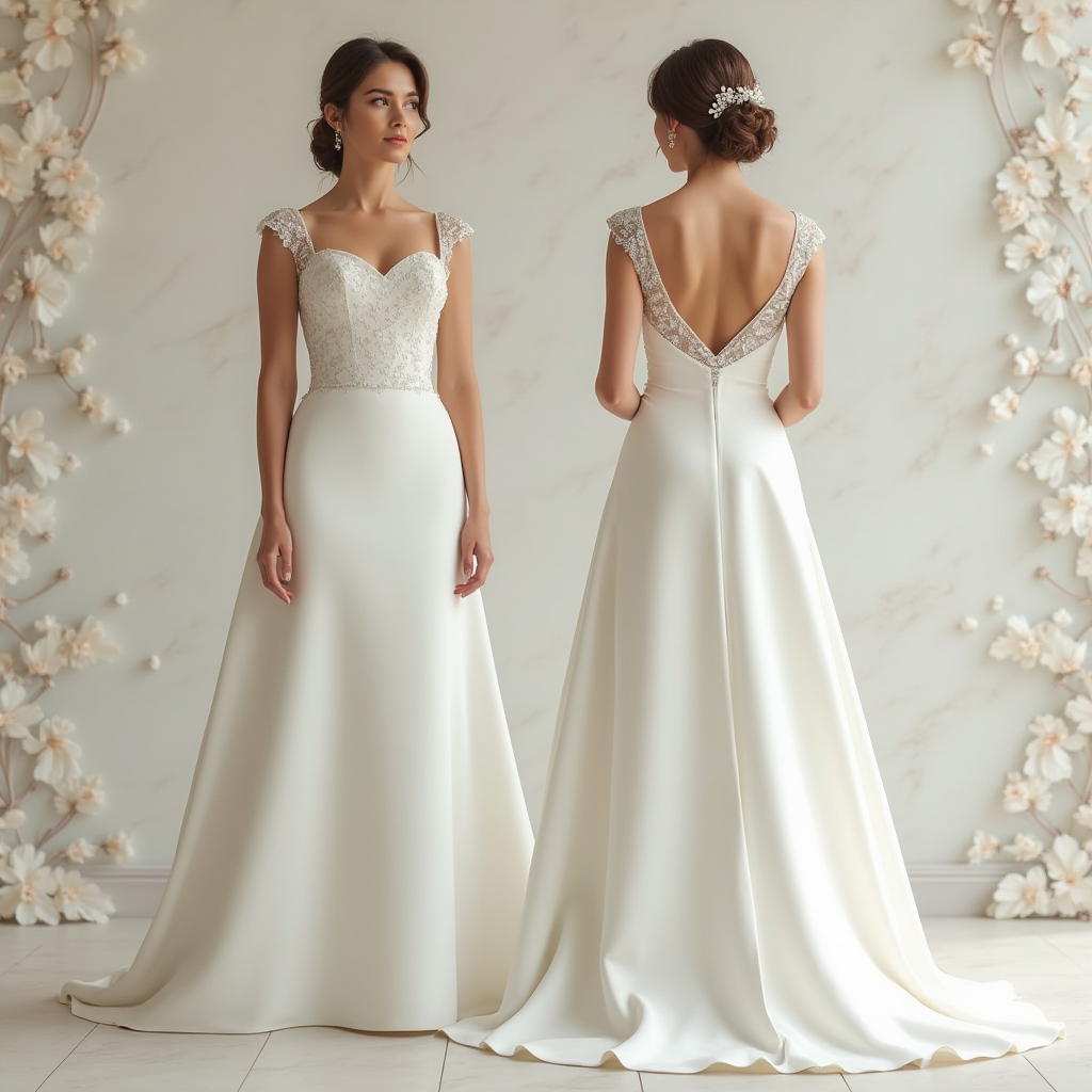 Timeless satin and lace wedding dress with sweetheart neckline, lace cap sleeves, and deep V-back