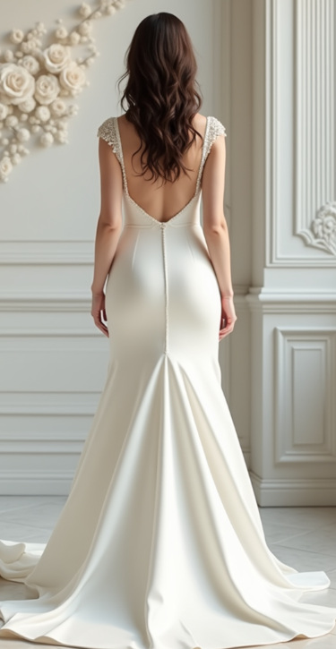 Timeless satin mermaid wedding dress with beaded cap sleeves, sweetheart neckline, and V-back button detail