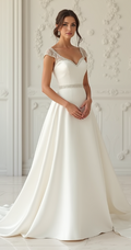 Timeless satin and lace wedding dress with sweetheart neckline, lace cap sleeves, and deep V-back