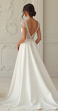 Timeless satin and lace wedding dress with sweetheart neckline, lace cap sleeves, and deep V-back