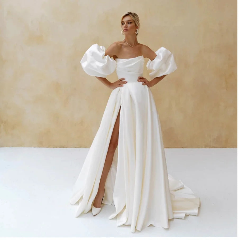 Customized Elegant Satin Wedding Dress Short Puff Sleeves 2025 Simple Plain Bridal Gown A-Line Side Slit Sweep Train Vestidos