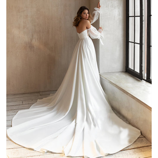 Detachable Sleeves Satin Wedding Dresses Polka Dots Tulle Customized Ruched Off Shoulder Cathedral Bridal Gown Plus Size