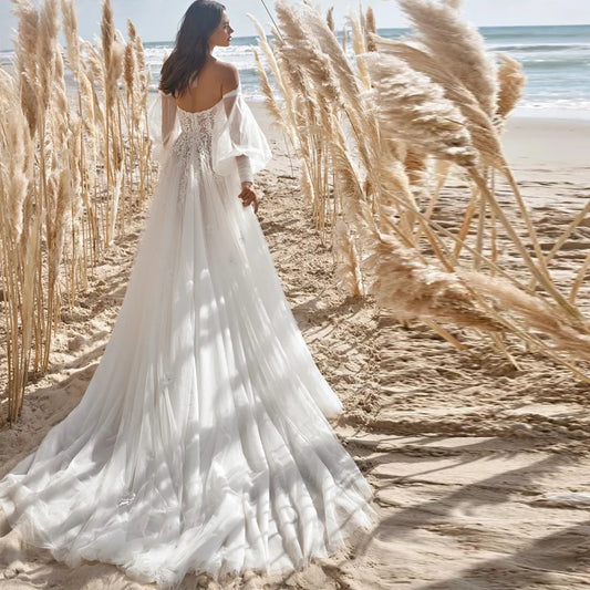 Halter Sweetheart Appliqued Beach Wedding Dresses Long Latern Sleeves Princess Beads Customized Zipper Tulle Bridal Gowns