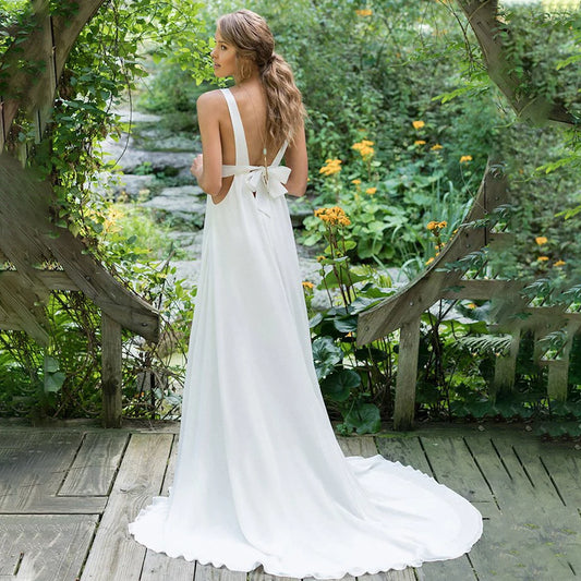 Sexy Bandage A Line Chiffon Wedding Dress Deep V-Neck Simple Backless Cheap Beach Customized Bold Side Cutout Long Bridal Gowns