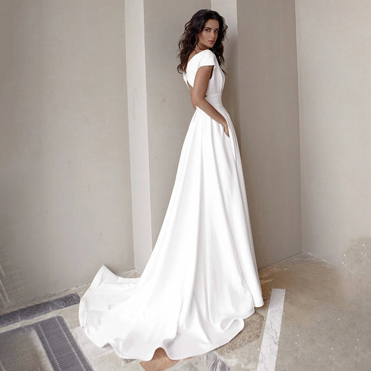 V Neck Satin High Split Wedding Dress Simple Long Plain A Line Customized Plus Size Hollow Back Ruched Sweep Train Bridal Gowns