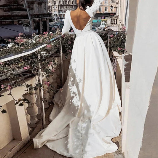 Satin Boat Neck Long Sleeves Wedding Dress Beach Outdoor Buttons Backless Customized 2021 Bridal Gown With Train Plus Sizes