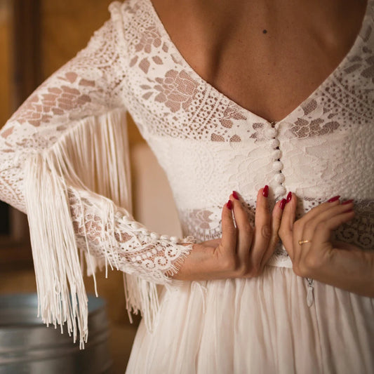 Lace Chiffon Sands Beach Outdoor Wedding Dress Two Pieces Long Sleeves Buttons A Line Boho Customized Bridal Gowns Tassels