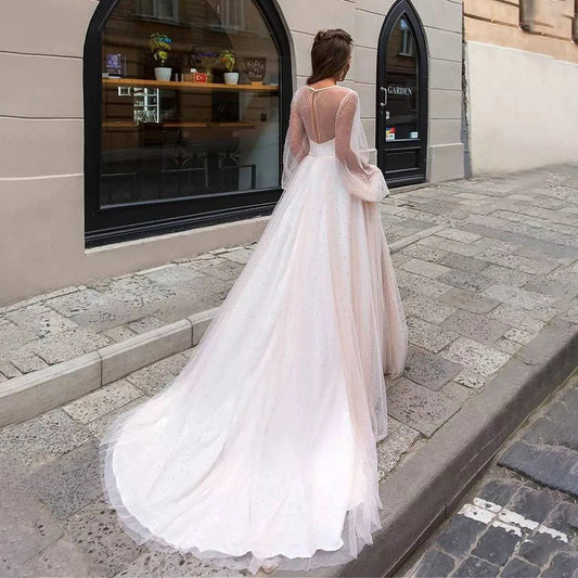 Elegant A-Line Long Puffy Sleeves Wedding Dress With Pearls Keyhole Customized Illusion Sweetheart Neck Bow Sash Bridal Gowns