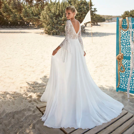 Beach Boho Outdoor Wedding Dress V Neck Long Bell Sleeves 2022 Backless Hollow Out Lace Customized Elopement Bridal Gown 10028