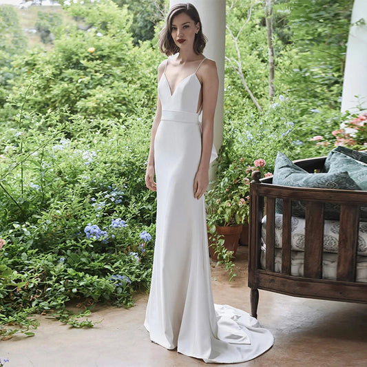 Spaghetti Strap Simple V-Neck Crepe Wedding Dress with Bow Sash Beach A Line Maxi Customized Soft Satin Backless Bridal Gown