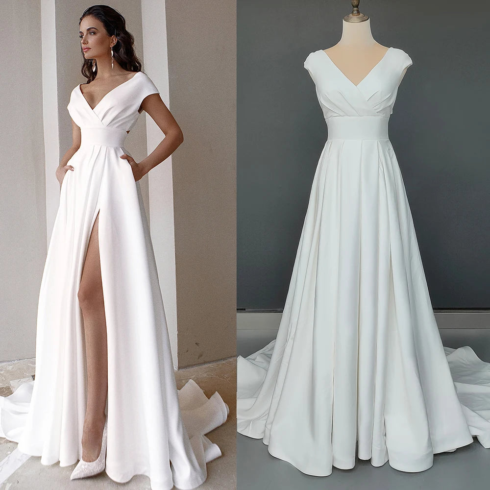 V Neck Satin High Split Wedding Dress Simple Long Plain A Line Customized Plus Size Hollow Back Ruched Sweep Train Bridal Gowns