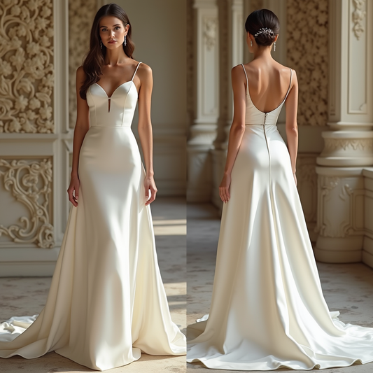 🔹 Satin A-line wedding dress | فستان زفاف ساتان بقصة A | Vestido de novia corte A de satén
🔹 Minimalist bridal gown | فستان زفاف بسيط وأنيق | Vestido de novia minimalista
🔹 Elegant satin wedding dress | فستان زفاف أنيق من الساتان | Vestido de novia elegante de satén
🔹 Open-back wedding gown | فستان زفاف بظهر مفتوح | Vestido de novia con espalda descubierta
🔹 Modern classic bridal dress | فستان زفاف كلاسيكي عصري | Vestido de novia clásico y moderno