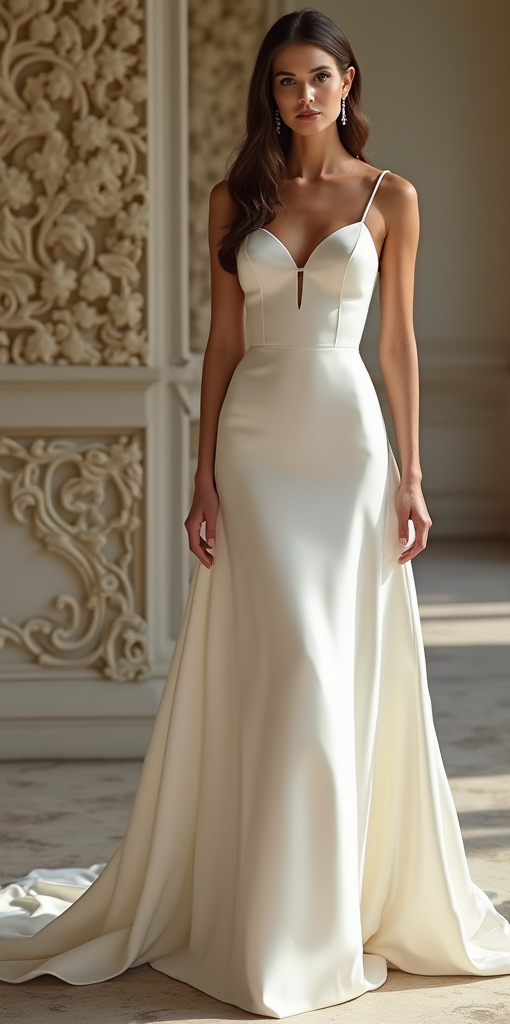 A stunning A-line satin wedding dress featuring a plunging V-neckline with a keyhole cutout, delicate spaghetti straps, and a sleek, flowing train – perfect for modern brides.
فستان زفاف ساتان رائع بقصة A-Line، يتميز بياقة عميقة على شكل V مع فتحة مفتاح صغيرة، وأشرطة رفيعة، وتنورة انسيابية ناعمة – مثالي للعروس العصرية.
Vestido de novia de satén corte A con escote en V profundo y tirantes finos, falda fluida y elegante – ideal para novias modernas.
