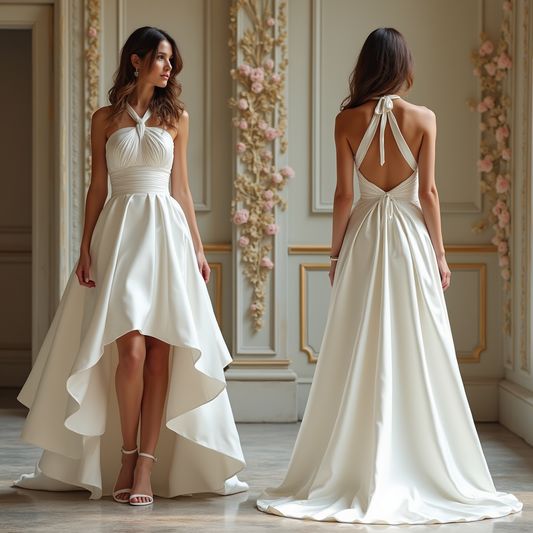 🔹 High-low satin wedding dress | فستان زفاف ساتان عالي-منخفض | Vestido de novia de satén alto-bajo
🔹 Modern halter neckline bridal gown | فستان زفاف عصري بياقة هالتر | Vestido de novia moderno con escote halter
🔹 Open-back satin wedding dress | فستان زفاف ساتان بظهر مفتوح | Vestido de novia de satén con espalda abierta
🔹 Elegant destination wedding dress | فستان زفاف أنيق لحفلات الزفاف الساحلية | Vestido de novia elegante para bodas en destino
🔹 Bridal gown with flowing train | فستان زفاف بذيل طويل منس