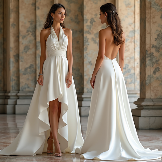 🔹 High-low wedding dress | فستان زفاف بقصة عالية-منخفضة | Vestido de novia alto-bajo
🔹 Satin halter bridal gown | فستان زفاف ساتان بياقة مربوطة | Vestido de novia de satén con escote halter
🔹 Elegant open-back wedding dress | فستان زفاف أنيق بظهر مفتوح | Vestido de novia elegante con espalda descubierta
🔹 Modern beach wedding dress | فستان زفاف عصري لحفلات الزفاف الشاطئية | Vestido de novia moderno para bodas en la playa
🔹 Luxury destination bridal gown | فستان زفاف فاخر لحفلات الزفاف الساحلية | Vestid