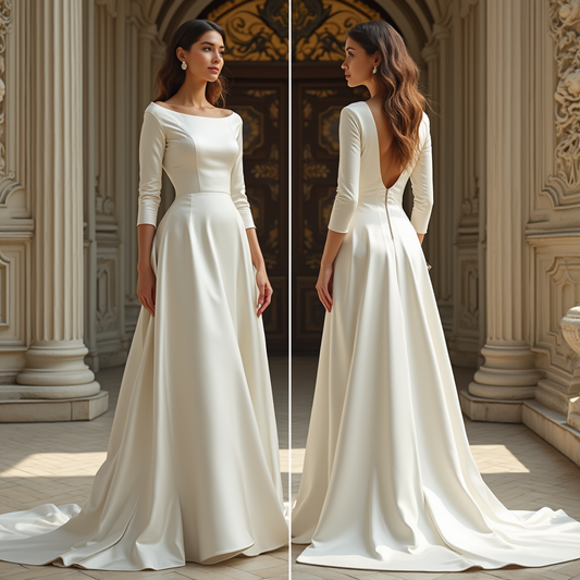 🔹 Elegant long-sleeve satin wedding dress
🔹 Luxury A-line bridal gown with open back
🔹 Boat neckline wedding dress with long train
🔹 Minimalist yet regal satin wedding dress
🔹 Classic and sophisticated bridal gown
🔹 Timeless wedding dress for grand ceremonies
🔹 Royal-inspired satin wedding gown