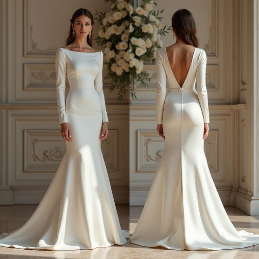 🔹 Elegant long-sleeve satin wedding dress
🔹 Luxury mermaid bridal gown
🔹 Bateau neckline wedding dress
🔹 Deep V-back wedding dress with long sleeves
🔹 Satin wedding gown with a sweeping train
🔹 Sophisticated bridal look for formal weddings
🔹 Timeless and regal wedding dress