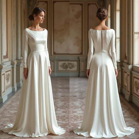 🔹 Classic satin wedding dress with long sleeves
🔹 Elegant bateau neckline bridal gown
🔹 Minimalist A-line wedding dress
🔹 Luxury satin gown for traditional weddings
🔹 Winter wedding dress with regal design
🔹 Sophisticated church wedding gown
🔹 Royal-inspired satin wedding dress