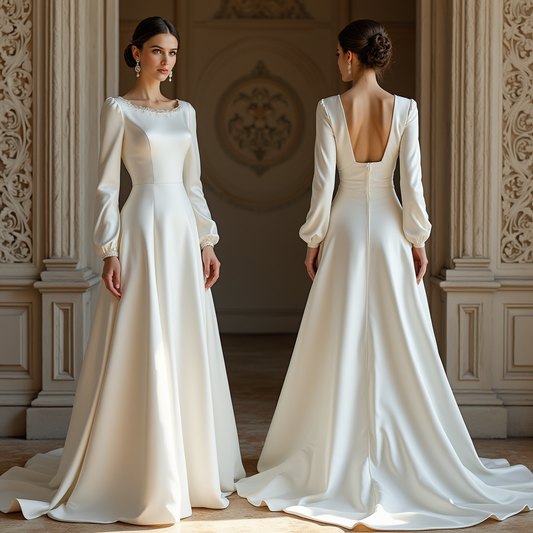 🔹 Elegant long-sleeve satin wedding dress
🔹 Luxury A-line bridal gown with embroidery details
🔹 Classic satin wedding dress with bishop sleeves
🔹 Regal bridal gown with square open back
🔹 Timeless wedding dress for traditional and royal weddings
🔹 Vintage-inspired wedding dress with modern elements
🔹 Graceful satin wedding gown with flowing train