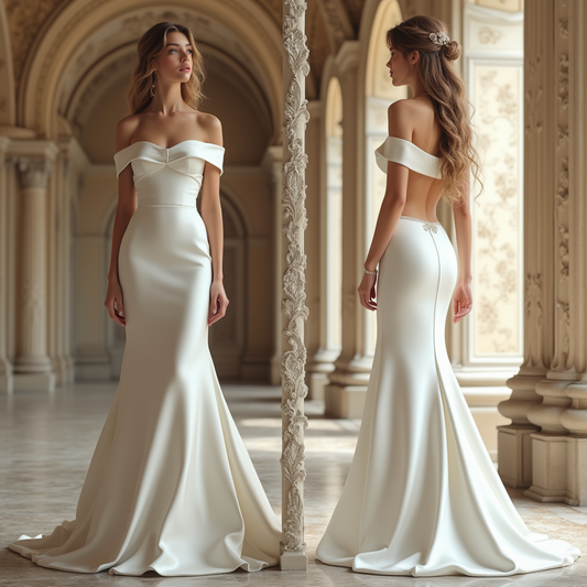 🔹 Backless mermaid wedding dress | فستان زفاف حورية البحر مكشوف الظهر | Vestido de novia sirena con espalda descubierta
🔹 Off-the-shoulder satin bridal gown | فستان زفاف ساتان بأكتاف مكشوفة | Vestido de novia de satén con hombros descubiertos
🔹 Luxury wedding dress | فستان زفاف فاخر | Vestido de novia de lujo
🔹 Elegant mermaid wedding gown | فستان زفاف أنيق بقصة حورية البحر | Vestido de novia sirena elegante
🔹 Minimalist yet glamorous bridal dress | فستان زفاف بسيط وأنيق في نفس الوقت | Vestido de novia