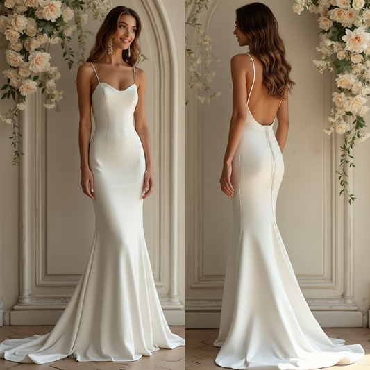 🔹 Modern satin wedding dress
🔹 Sleek sheath bridal gown
🔹 Spaghetti strap wedding dress
🔹 Luxury satin wedding gown with open back
🔹 Minimalist wedding dress with sweetheart neckline
🔹 Elegant fitted bridal dress for modern weddings
🔹 Timeless and sophisticated wedding gown