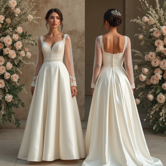 🔹 Satin wedding dress with lace sleeves | فستان زفاف ساتان بأكمام دانتيل | Vestido de novia de satén con mangas de encaje
🔹 Elegant A-line wedding gown | فستان زفاف كلاسيكي بقصة A-Line | Vestido de novia elegante en línea A
🔹 Royal wedding dress | فستان زفاف ملكي فاخر | Vestido de novia real y sofisticado
🔹 Illusion neckline bridal dress | فستان زفاف بياقة دانتيل وهمية | Vestido de novia con escote ilusión
🔹 Classic lace and satin gown | فستان زفاف كلاسيكي من الساتان والدانتيل | Vestido clásico de saté