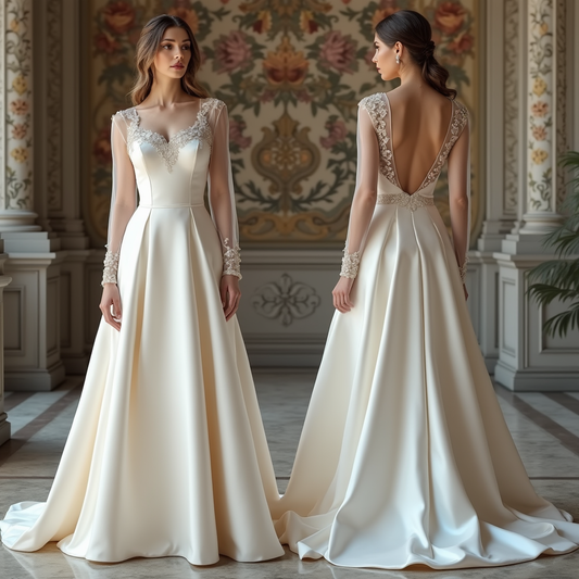 🔹 Satin wedding dress with lace sleeves | فستان زفاف ساتان بأكمام دانتيل | Vestido de novia de satén con mangas de encaje
🔹 Elegant open-back bridal gown | فستان زفاف أنيق بظهر مفتوح | Vestido de novia con espalda descubierta elegante
🔹 Classic A-line wedding dress | فستان زفاف كلاسيكي بقصة A | Vestido de novia clásico corte A
🔹 Vintage lace wedding gown | فستان زفاف دانتيل كلاسيكي | Vestido de novia vintage con encaje
🔹 Luxury satin bridal dress | فستان زفاف فاخر من الساتان | Vestido de novia de satén