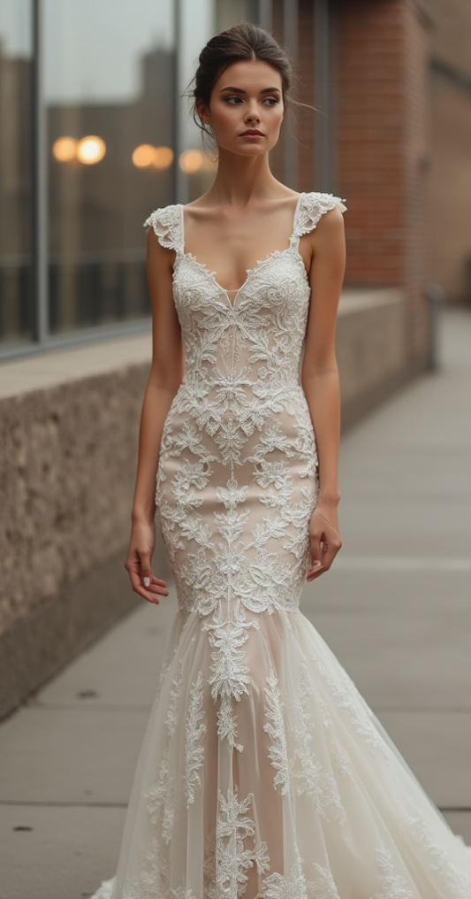 Luxury mermaid wedding dress featuring a deep V-neckline, sheer lace bodice, and floral lace embroidery – a perfect blend of elegance and sensuality. | فستان زفاف فاخر بقصة حورية البحر مع ياقة عميقة وكورسيه دانتيل شفاف مزين بتطريز زهري فاخر | Vestido de novia sirena con escote profundo, corset de encaje y bordados florales – ideal para bodas de lujo. | Robe de mariée sirène avec encolure plongeante, corset en dentelle et broderies florales – parfaite pour une mariée glamour.