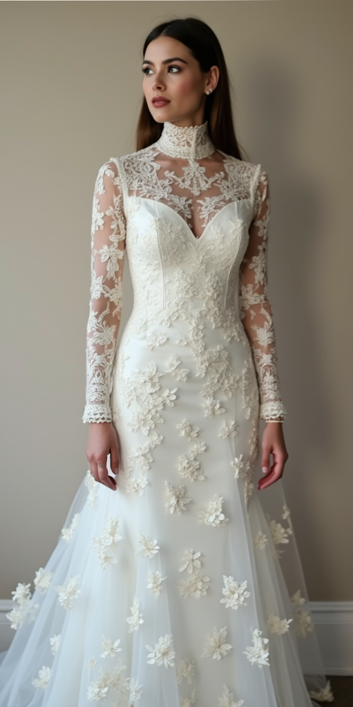  Graceful high-neck lace wedding dress featuring sheer illusion long sleeves, intricate floral embroidery, and a fitted silhouette – a timeless choice for sophisticated brides. | فستان زفاف ملكي بياقة عالية مع أكمام شفافة وتطريز دانتيل فاخر لإطلالة زفاف أنيقة وفاخرة | Vestido de novia con cuello alto, mangas de encaje transparente y bordados florales – ideal para bodas elegantes. | Robe de mariée avec col montant en dentelle et manches transparentes – parfaite pour une mariée royale et raffinée.