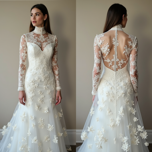 🔹 High-neck lace wedding dress 🔹 Elegant bridal gown with sheer sleeves 🔹 Luxury wedding dress with illusion back 🔹 Romantic floral lace bridal gown 🔹 Regal and sophisticated wedding fashion 🔹 Timeless yet modern bridal style 🔹 Designer wedding dress for elegant brides