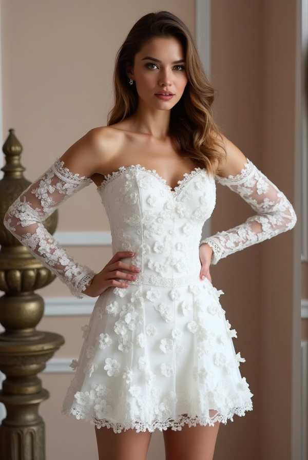 Elegant off-the-shoulder short wedding dress with 3D floral appliqués, sheer lace sleeves, and a sweetheart neckline – a perfect balance of romance and modern bridal fashion. | فستان زفاف قصير أنيق بأكتاف مكشوفة مزين بزهور ثلاثية الأبعاد وأكمام شفافة لمظهر عصري ورومانسي | Vestido de novia corto con escote corazón, encaje floral en 3D y mangas largas de encaje – ideal para bodas modernas y recepciones. | Robe de mariée courte en dentelle avec épaules dénudées et fleurs en 3D – parfaite pour une mariée modern