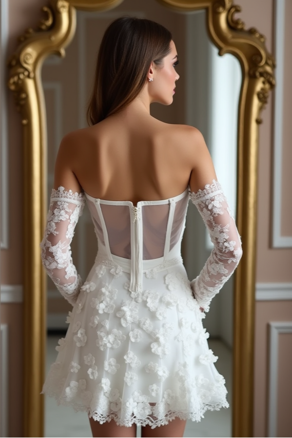 Chic short wedding dress featuring a sheer back panel, corset boning, exposed zipper closure, and floral lace embellishments – an effortlessly stylish bridal choice. | فستان زفاف قصير بظهر شفاف وسحاب خلفي مع تفاصيل دانتيل راقية لإطلالة زفاف فريدة | Vestido de novia corto con panel trasero transparente, cierre de cremallera y detalles florales en encaje – sofisticado y moderno. | Robe de mariée courte avec dos en tulle transparent et détails en dentelle fleurie – idéale pour une mariée audacieuse et romantiq