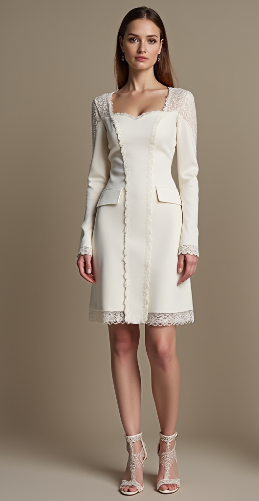 Chic long-sleeve short wedding dress with lace-trimmed sleeves, a structured silhouette, and knee-length hem – a sophisticated and modern bridal choice. | فستان زفاف قصير بأكمام طويلة وتفاصيل دانتيل أنيقة، تصميم أنيق وعصري | Vestido de novia corto con mangas largas, detalles de encaje y un corte estructurado – ideal para bodas civiles y recepciones. | Robe de mariée courte avec manches longues en dentelle et silhouette ajustée – parfaite pour une mariée moderne et élégante.