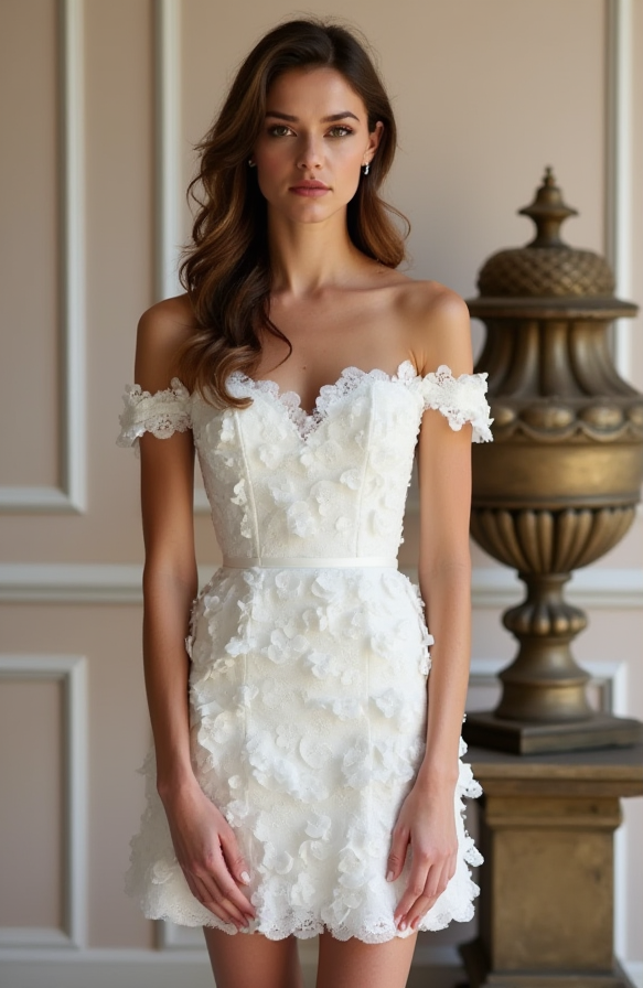 Elegant off-the-shoulder short wedding dress featuring 3D floral lace appliqués, a sweetheart neckline, and sheer lace details – a romantic and modern bridal choice. | فستان زفاف قصير أنيق بأكتاف مكشوفة مزين بتطريز دانتيل وزهور ثلاثية الأبعاد لإطلالة رومانسية مميزة | Vestido de novia corto con hombros descubiertos, encaje floral en 3D y mangas largas transparentes – ideal para bodas modernas y recepciones. | Robe de mariée courte en dentelle avec épaules dénudées et fleurs en 3D – parfaite pour une mariée é
