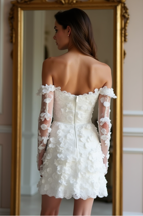 Chic short lace wedding dress with sheer embroidered floral sleeves, corset boning, and an exposed zipper closure – an effortlessly stylish bridal choice. | فستان زفاف قصير بظهر مكشوف وتطريز زهور ثلاثية الأبعاد لمظهر زفاف عصري ورقيق | Vestido de novia corto con espalda descubierta, cierre de cremallera y detalles en encaje floral – sofisticado y moderno. | Robe de mariée courte avec dos nu et détails en dentelle raffinés – idéale pour une mariée audacieuse et romantique.