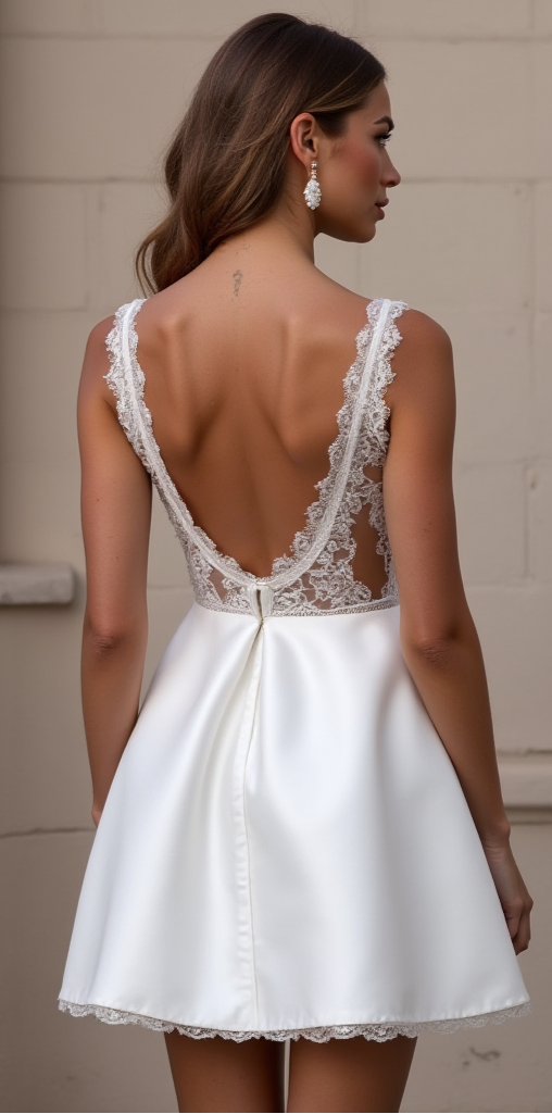  Elegant short bridal dress with a deep V-back, sheer lace corset, and scalloped lace hemline – a perfect combination of classic and modern style. | فستان زفاف قصير بظهر مفتوح على شكل V مع كورسيه دانتيل شفاف وحواف دانتيل أنيقة | Vestido de novia corto con espalda en V y detalles en encaje – sofisticado y moderno. | Robe de mariée courte avec dos plongeant en dentelle et finitions délicates – idéale pour une mariée raffinée.
