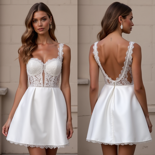 🔹 Short wedding dress with lace corset 🔹 Romantic bridal mini dress 🔹 Elegant sheer back wedding gown 🔹 Modern wedding dresses 2025 🔹 Luxury satin and lace wedding dress 🔹 Bridal after-party dress 🔹 Sexy yet sophisticated bridal look 🔹 Flattering A-line short wedding dress