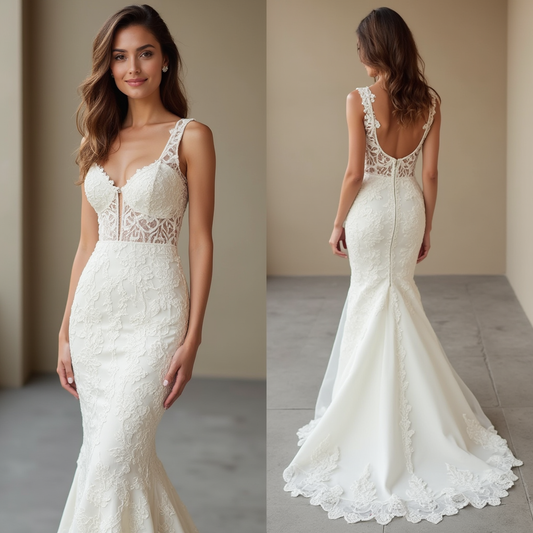 🔹 Lace mermaid wedding dress 🔹 Elegant sheer corset bridal gown 🔹 Luxury wedding dress with lace train 🔹 Bridal gown with plunging neckline 🔹 High-end wedding dress for glamorous brides 🔹 Romantic floral lace wedding gown 🔹 Timeless yet contemporary wedding dress 2025