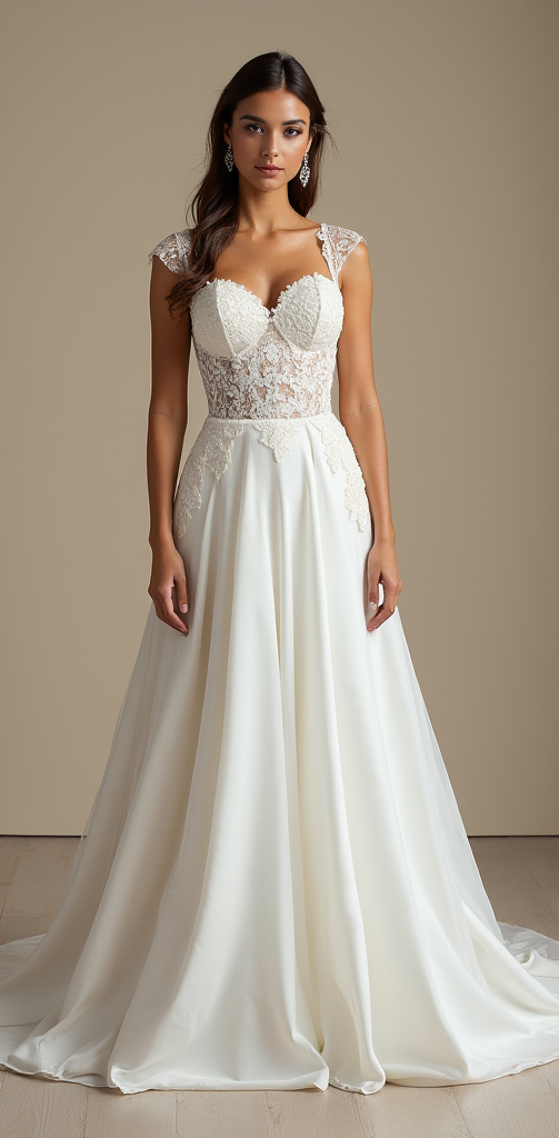  Elegant A-line wedding dress featuring a sheer lace bodice, sweetheart neckline, and flowing chiffon skirt – a perfect blend of romance and modern elegance. | فستان زفاف أنيق بقصة A-Line مع كورسيه دانتيل شفاف وياقة على شكل قلب، وتنورة حريرية انسيابية لمظهر زفاف راقٍ | Vestido de novia corte A con corset de encaje transparente, escote corazón y falda fluida – ideal para bodas románticas. | Robe de mariée fluide avec corset en dentelle et jupe légère – parfaite pour une mariée élégante et raffinée.