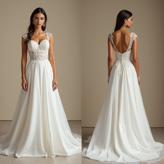 🔹 A-line wedding dress with lace bodice 🔹 Elegant sheer corset bridal gown 🔹 Romantic lace wedding dress 2025 🔹 Luxury bridal gown with cap sleeves 🔹 Chiffon and lace wedding dress 🔹 Modern yet timeless wedding fashion 🔹 Bridal gown with open-back lace details