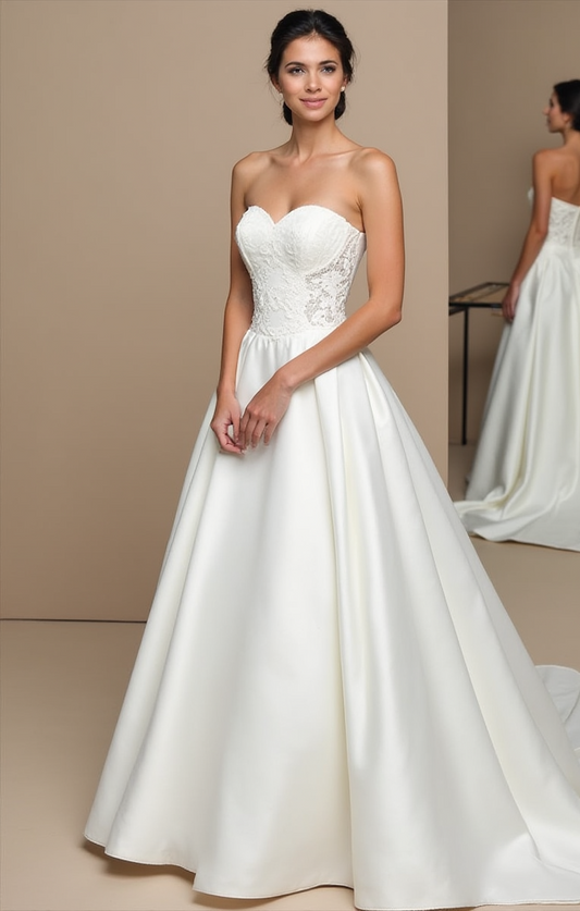 Elegant strapless wedding gown with a lace bodice and a voluminous satin skirt – perfect for classic and royal weddings.
فستان زفاف أنيق بدون أكمام، مع كورسيه دانتيل وتنورة واسعة من الساتان – مثالي لحفلات الزفاف الملكية والكلاسيكية.
Vestido de novia elegante sin tirantes, con corpiño de encaje y falda amplia de satén – ideal para bodas clásicas y reales.