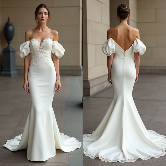 🔹 Off-the-shoulder wedding dress | فستان زفاف مكشوف الأكتاف | Vestido de novia con hombros descubiertos
🔹 Satin bridal gown | فستان زفاف ساتان | Vestido de novia de satén
🔹 Elegant mermaid wedding dress | فستان زفاف حورية أنيق | Vestido de novia sirena elegante
🔹 Luxury wedding gown with lace details | فستان زفاف فاخر بتفاصيل دانتيل | Vestido de novia de lujo con encaje
🔹 Romantic wedding dress with puff sleeves | فستان زفاف رومانسي بأكمام منفوشة | Vestido de novia romántico con mangas abullonadas

