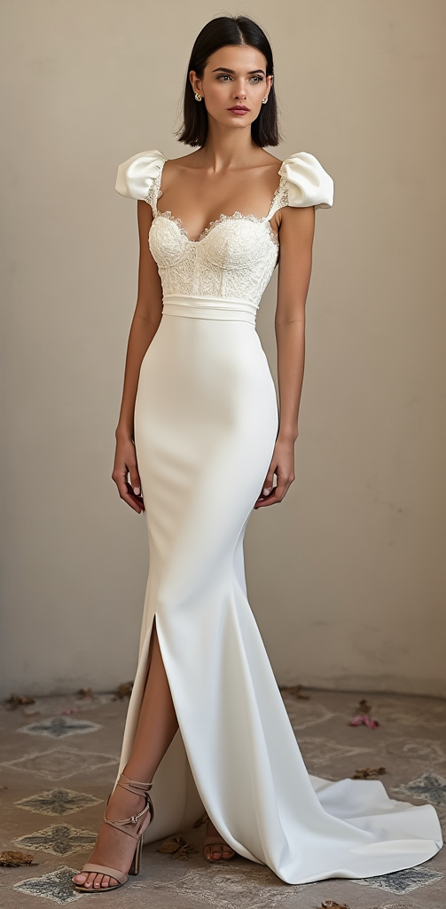  Sophisticated mermaid wedding dress featuring a lace corset bodice, puff sleeves, and a high slit for a modern yet romantic bridal look. | فستان زفاف بقصة حورية البحر مع كورسيه دانتيل وأكمام منتفخة وشق أمامي لإطلالة زفاف راقية وعصرية | Vestido de novia sirena con corset de encaje, mangas abullonadas y abertura en la falda – ideal para bodas elegantes y modernas. | Robe de mariée sirène avec corset en dentelle, manches bouffantes et fente – parfaite pour une mariée audacieuse et sophistiquée.