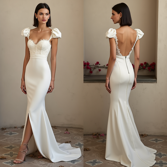 🔹 Mermaid wedding dress with puff sleeves 🔹 Elegant lace corset bridal gown 🔹 Luxury wedding dress with open back 🔹 Chic wedding dress with high slit 🔹 Modern and romantic wedding dress 2025 🔹 Sleek bridal gown for elegant weddings 🔹 Timeless yet contemporary wedding fashion
