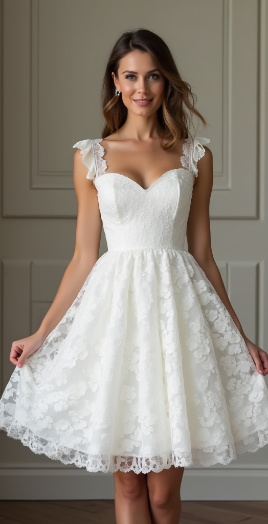 A charming short lace wedding dress with a sweetheart neckline, delicate lace straps, and an A-line skirt – perfect for modern, playful brides.
فستان زفاف قصير ساحر من الدانتيل مع قصة قلب، وأشرطة دانتيل ناعمة، وتنورة بقصة A-Line – مثالي للعروس العصرية.
Un encantador vestido de novia corto de encaje con escote corazón, tirantes de encaje y falda en línea A – perfecto para novias modernas y divertidas.