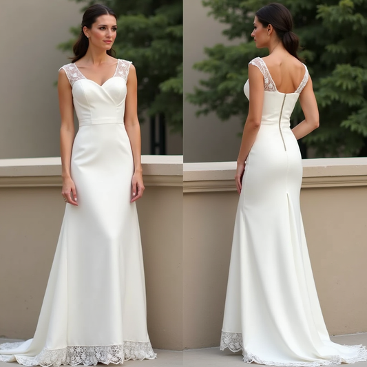 🔹 Satin and lace wedding dress 🔹 Elegant A-line bridal gown 🔹 Sweetheart neckline wedding dress 🔹 Luxury wedding dresses 2025 🔹 Lace-trimmed wedding dress 🔹 Bridal gown with lace cap sleeves 🔹 Minimalist yet romantic wedding dress 🔹 Refined and timeless bridal fashion